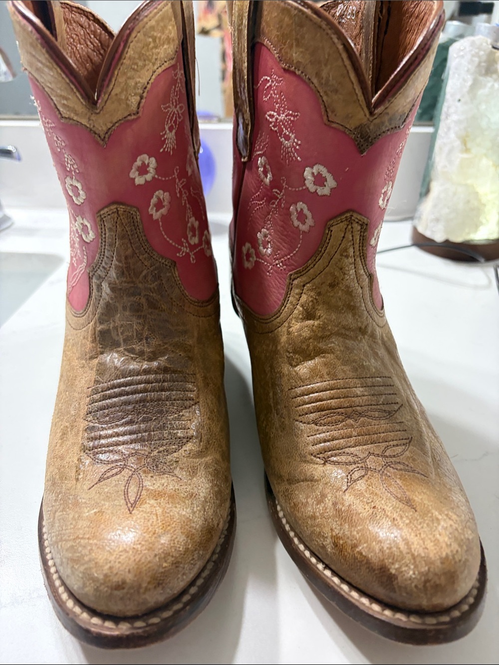 Women's Brown and Pink Western Ankle Boots - Floral Embroidered Shaft